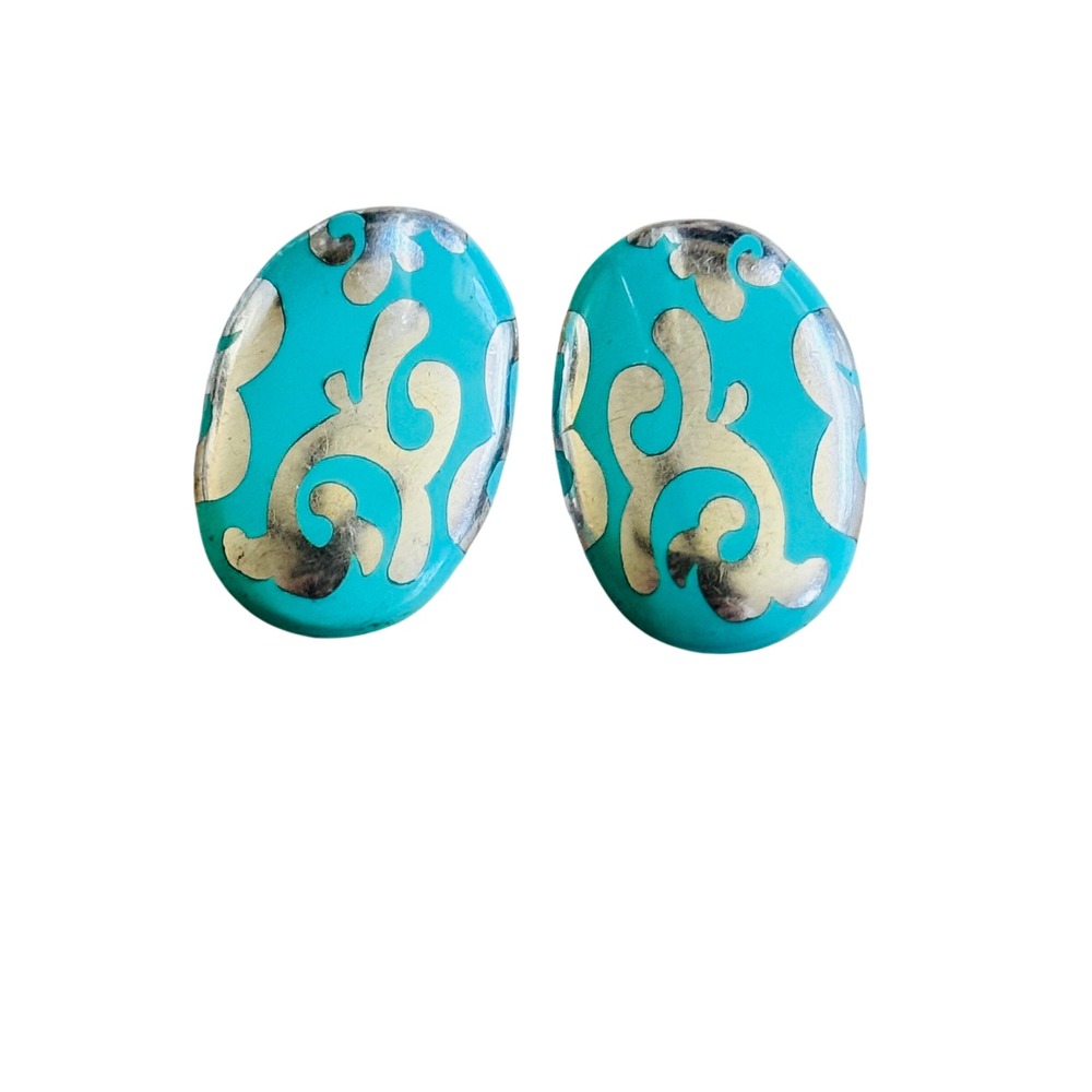 Italy Enamel Scroll Earrings Blue Vibrant Turquoise Color Sterling Silver 925